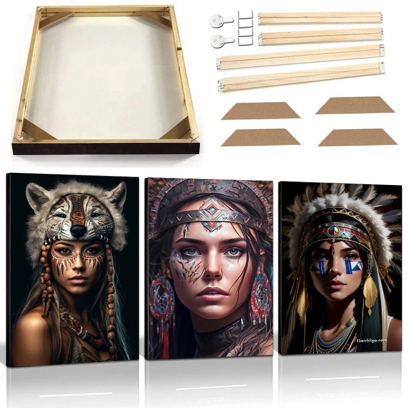 

Modern Abstract Figure Portrait Poster Prints with Frame Indian Goddess Princess Wall Art Canvas Painting Tribe Woman Picture