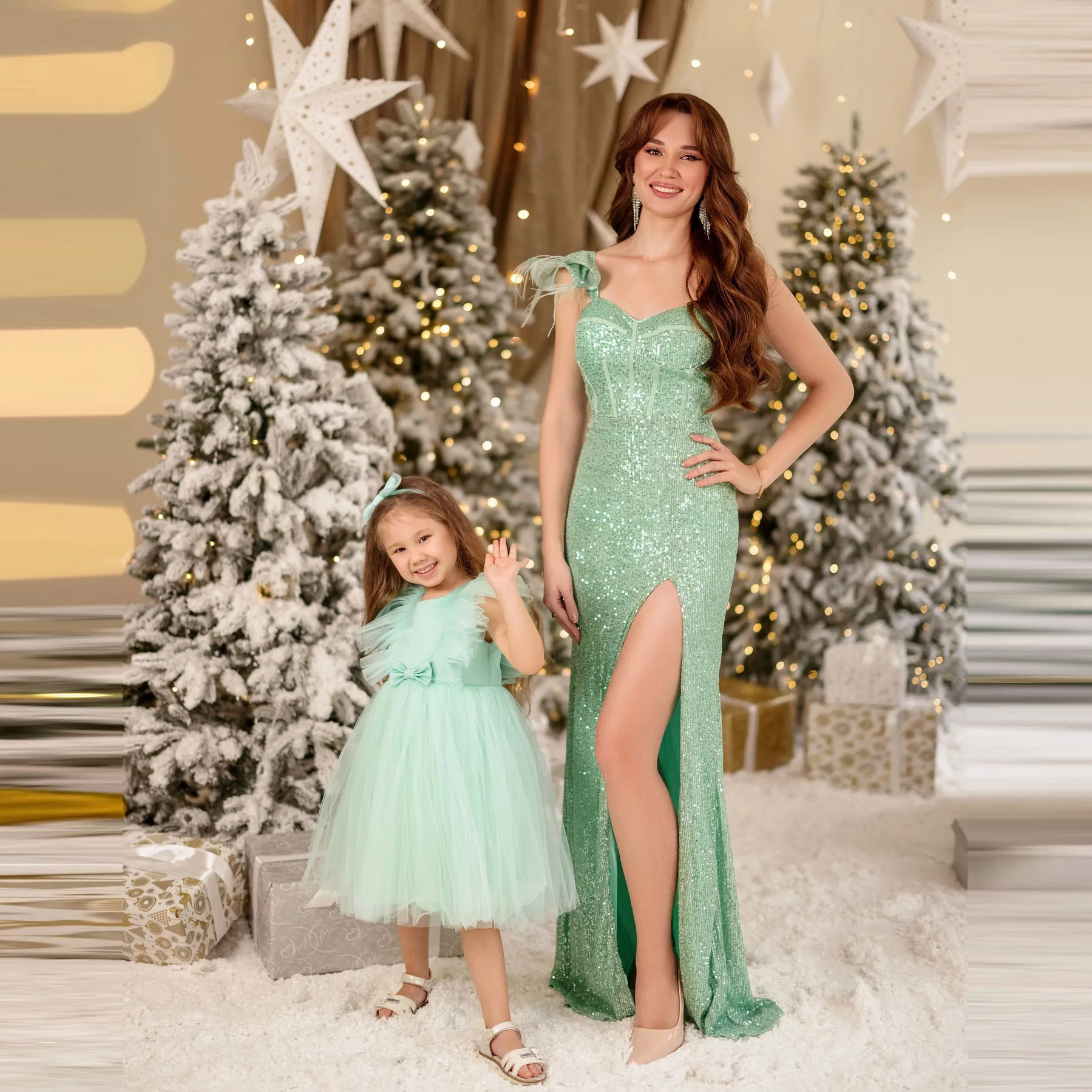 Charming Mother And Kid Matching Evening Dresses For Birthday Party Photo Shoot Side Slit Tulle Girls Mommy And Me Party Dress