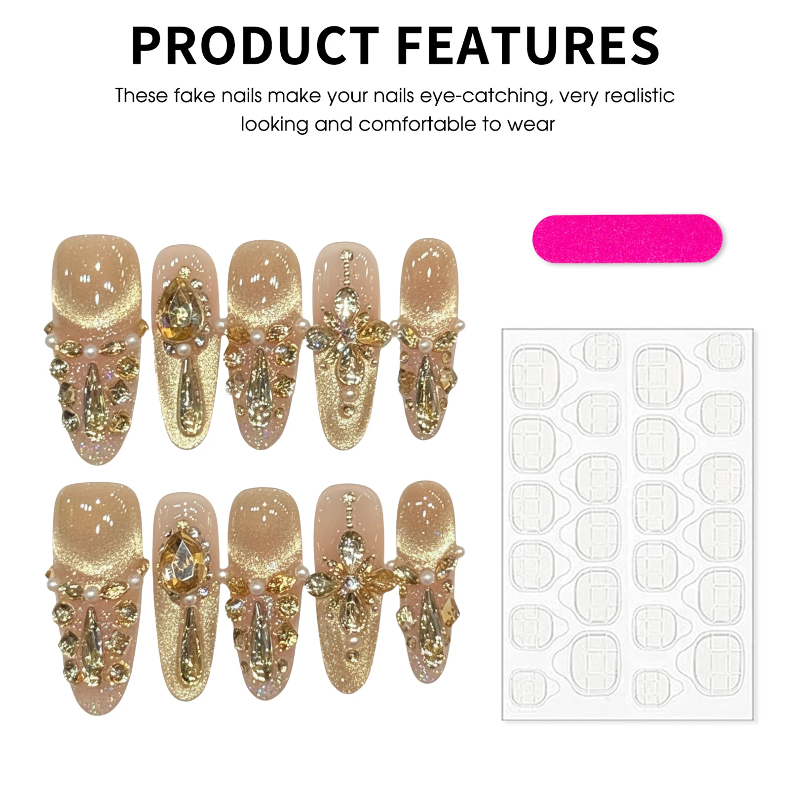 10pcs Flash Rhinestone Long Almond Press On Nails Handmade Champagne Cat's Eye False Nails Temperament French Style Fake Nail view 4
