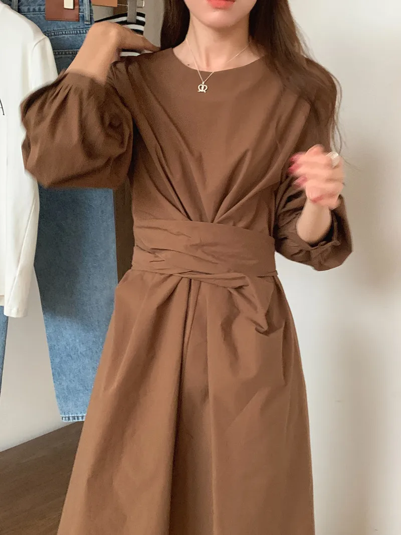 

SuperAen 2024 Spring/summer New Niche Retro Waistband Loose Long Sleeved Long Dress for Women