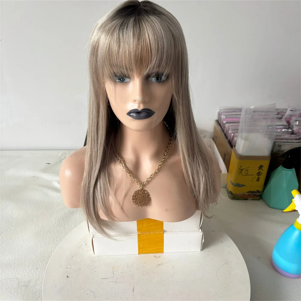 

Brazilian Human Hair Lace Part Wig Soft Straight Wigs with Bangs Warm Blonde Highlights Wig Rooted HD Lace Wigs fo Women