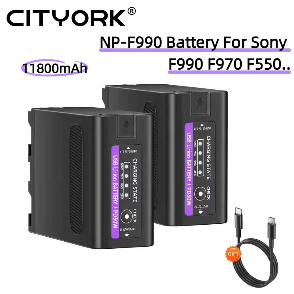 11800mAh NP-F990 Type-C Battery For Sony F970 F960 F550 F750+Type-C PD30W Cable  With LED Power Indicator New Upgrade Battery