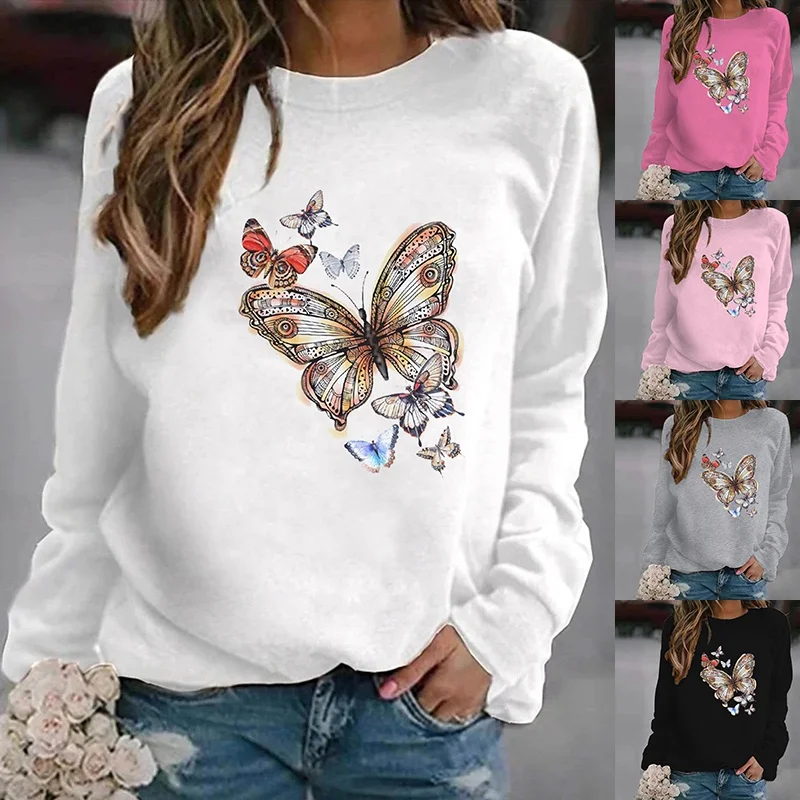 Popular Butterfly Printing Hoodless Sweatshirts For Women Autumn Winter Fashion Casual Solid Color Ladies O Neck Sweater