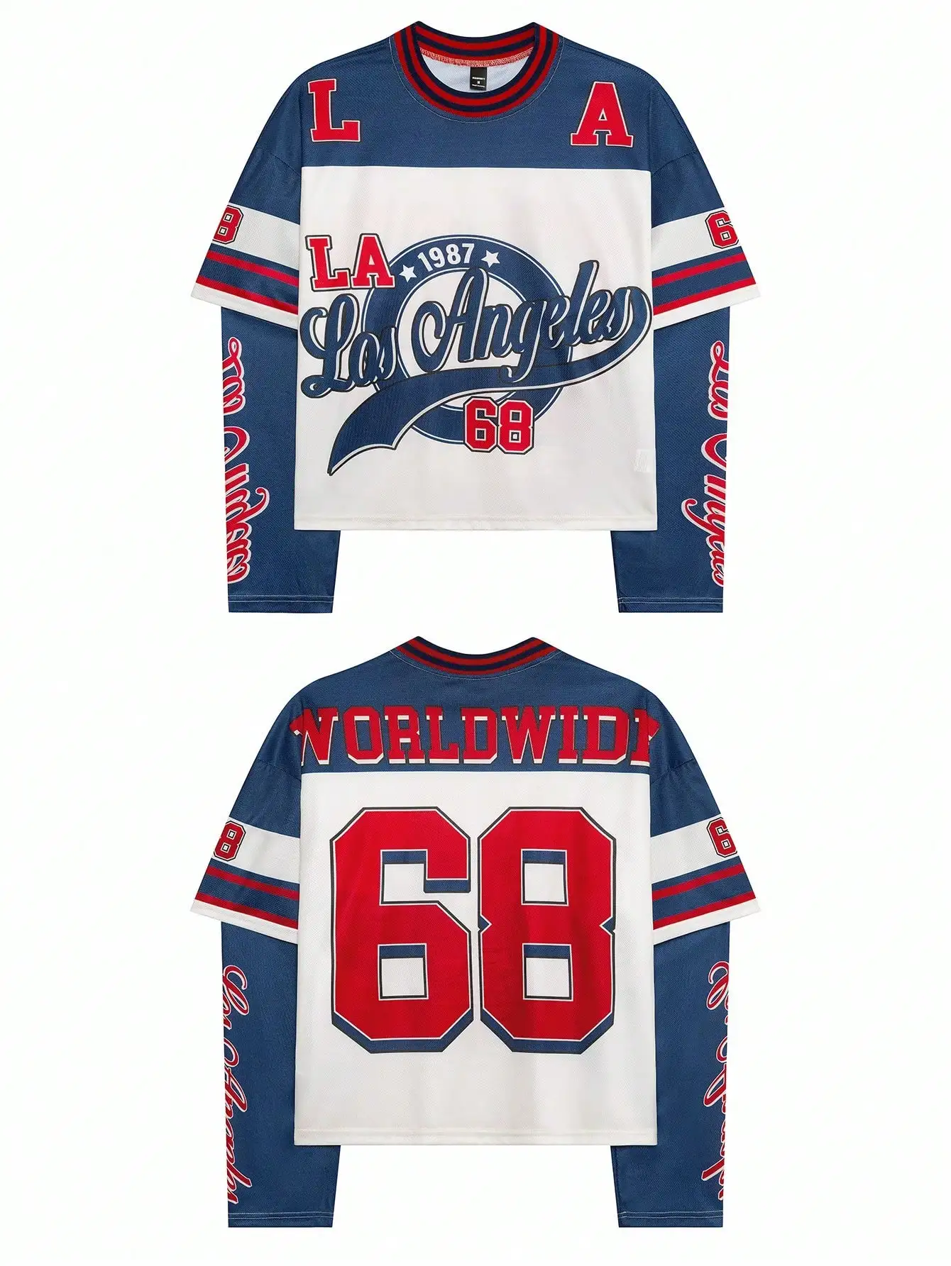 Men's Long Sleeve Graphic Pullover with Contrast Stripes and Retro Script Design