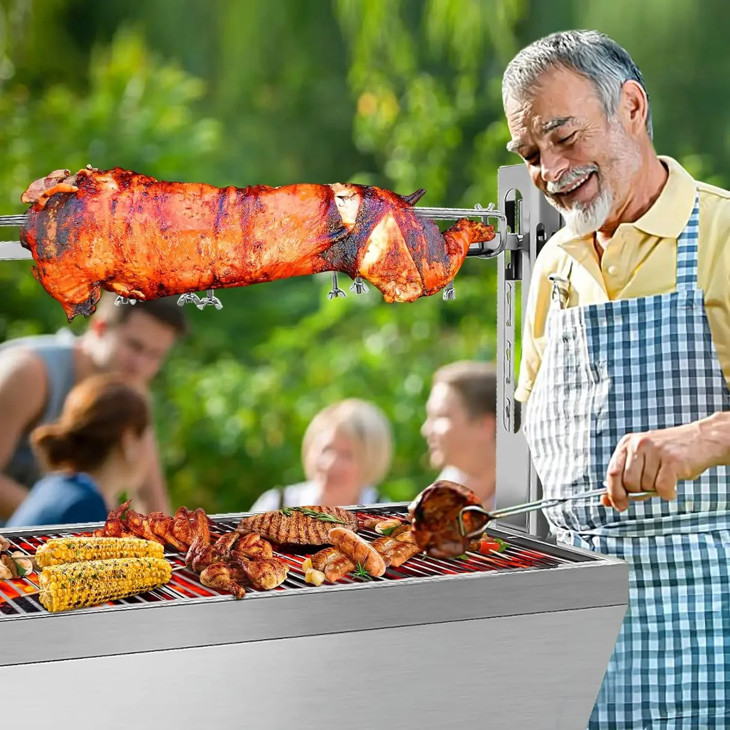 Steel Rotisserie Grill, 25W Motor Small Pig Lamb Rotisserie Roaster, 37'' 2 in 1 BBQ Charcoal Rotisserie Grill for Camping Outdo