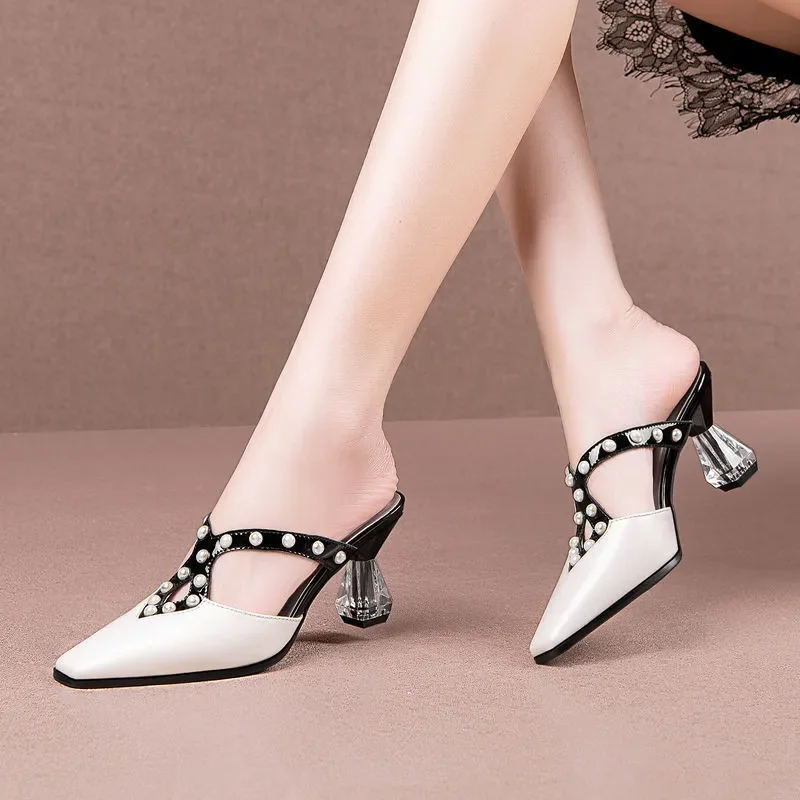 

Cresfimix zapatos de mujer women cute sweet light weight crystal pearl glitter high heel shoes lady beige comfy pumps ab556