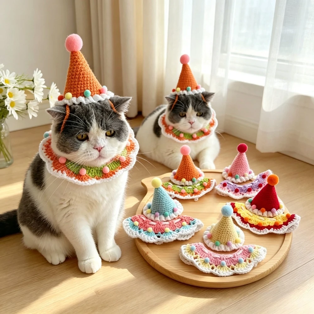Pet Cat Birthday Hat Cute Rabbit Ear Party Dress Up Set Handmade Neck Accessory for Small Dogs Puppy Photo Decoration Supplies