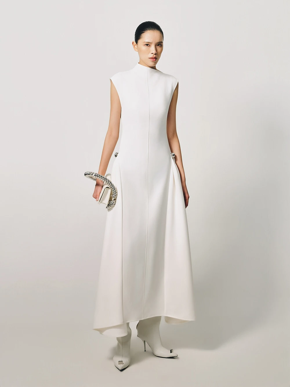 أزياء جديدة متخصصة غير متناظرة شبه عالية الرقبة بلا أكمام فستان كبير سوينغ منتصف إلى فساتين مأدبة طويلة #3