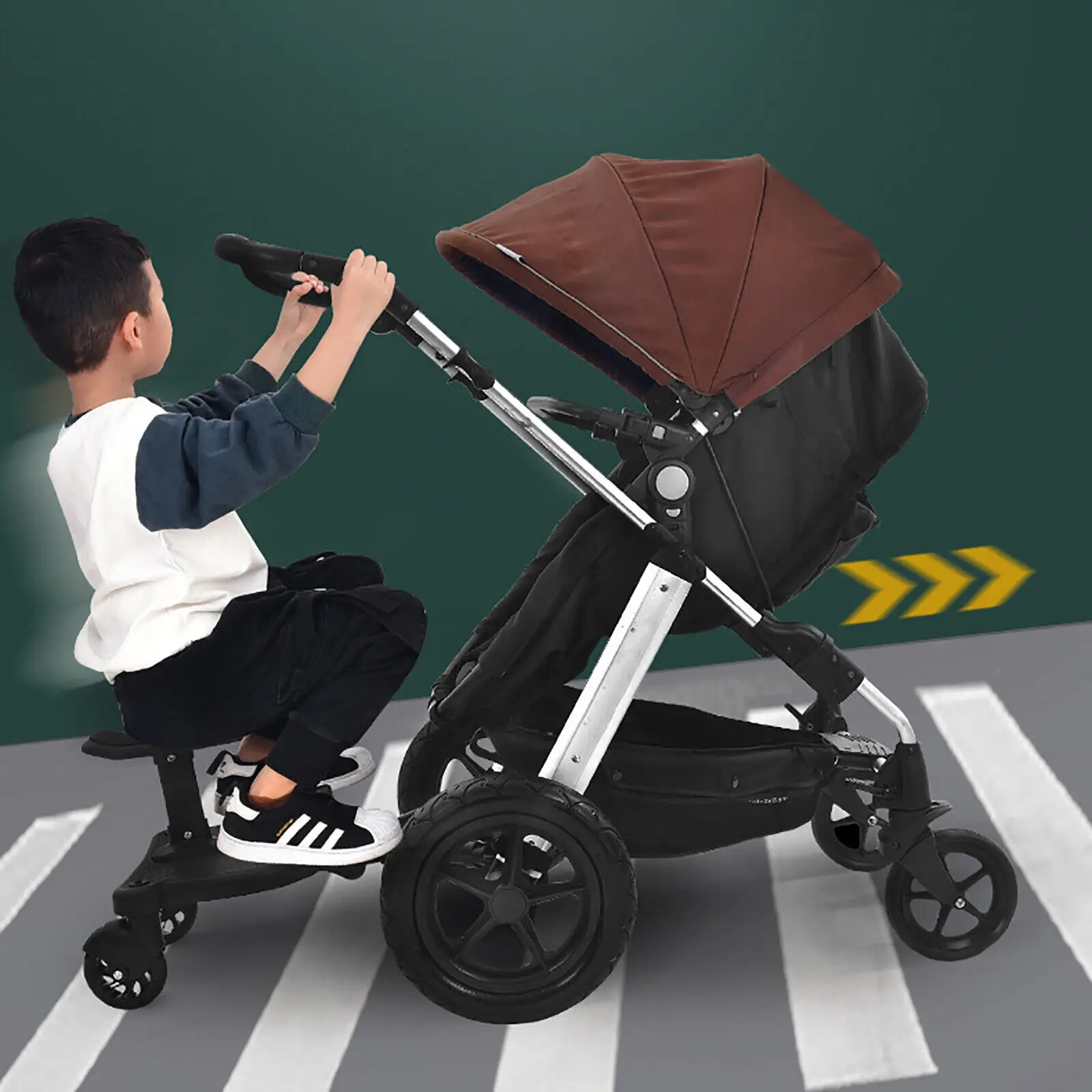 Pram Pedal Adapter w/ Detachable Seat, Comfort Wheeled Board Stroller Ride Board w/ Wheels  Stroller Board