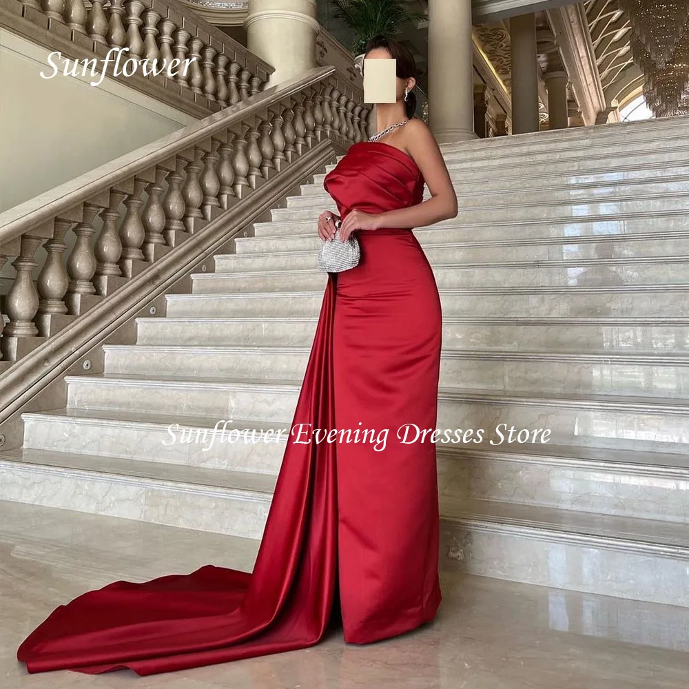 

Sunflower Red Strapless Prom Gown Mermaid Evening Dress Saudi Arabia Slim Satin Party Dress 2023 Floor-Length Prom Dress