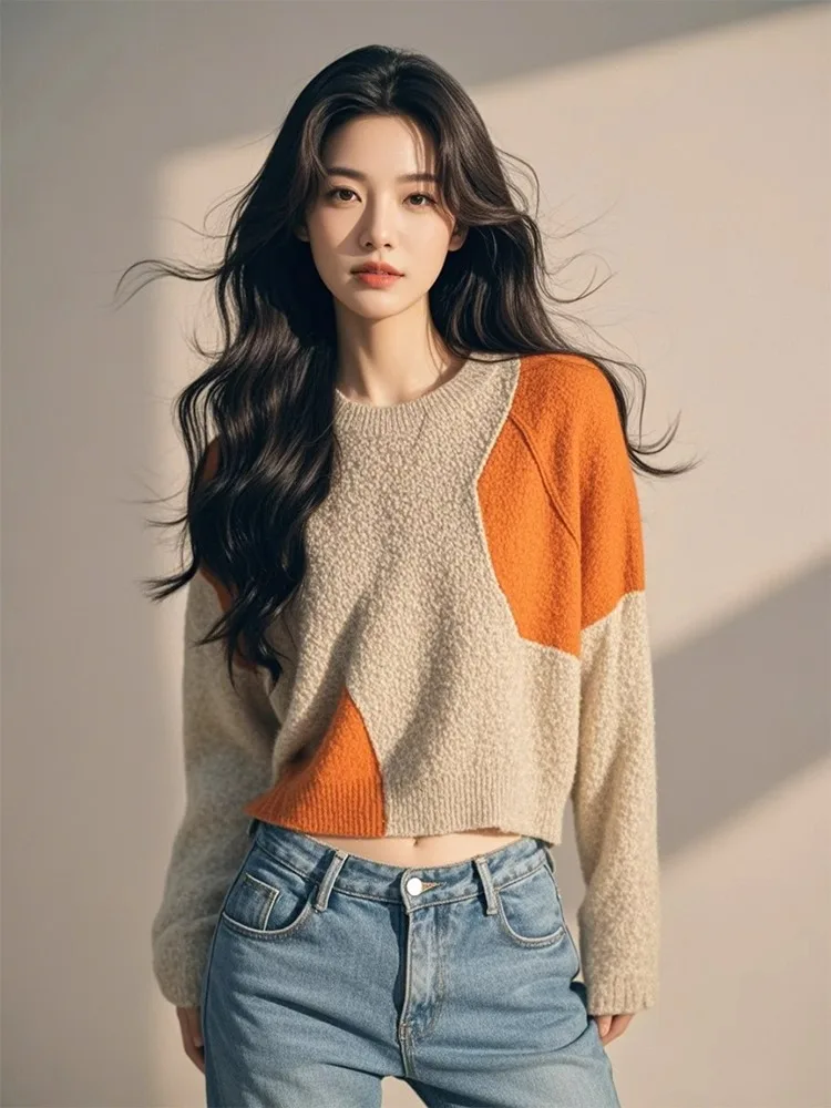 Brown Spliced round Neck Knitwear Women's Preppy Style High-End Feeling Sweater Polyester Fiber Long Sleeve Overhead Regular ...