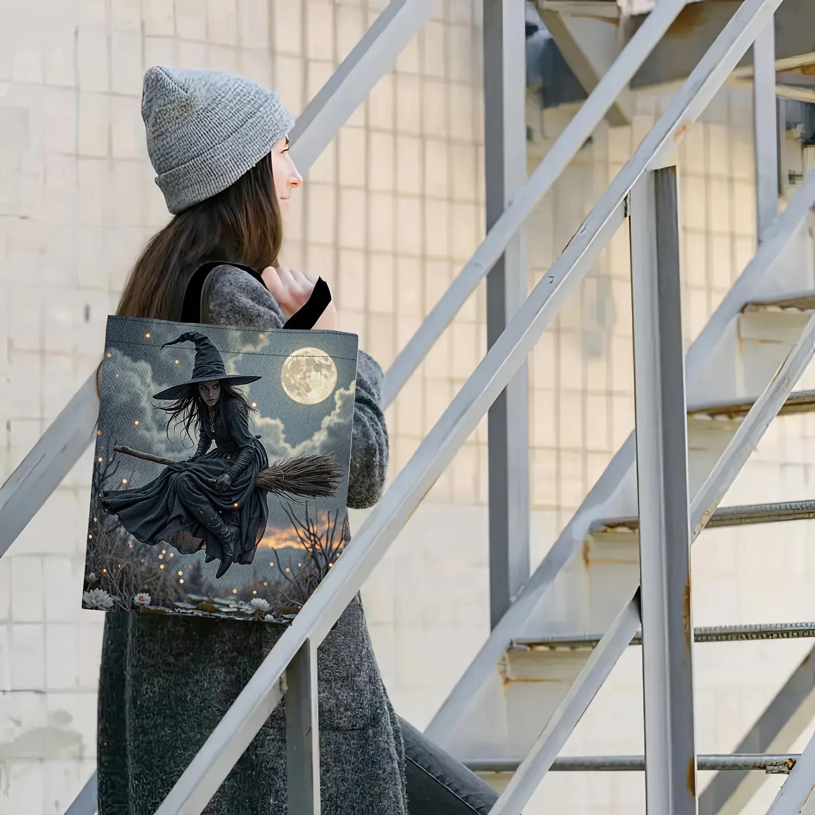 1pc Dark Romance Witch Patterned Fashion Tote Bag - Versatile Handbag with Black and White Design, Ideal for Halloween