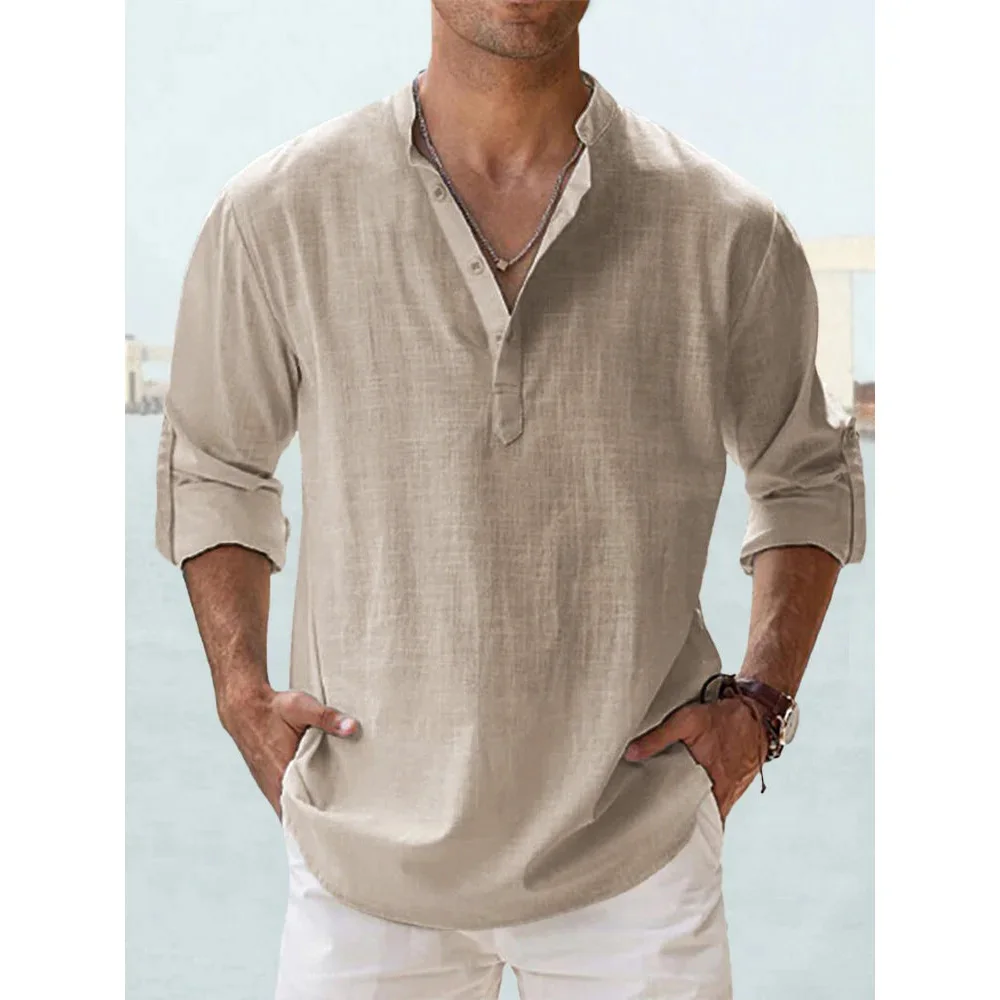 King Billion Men's Cotton Linen Henley Shirt Short Sleeve 6