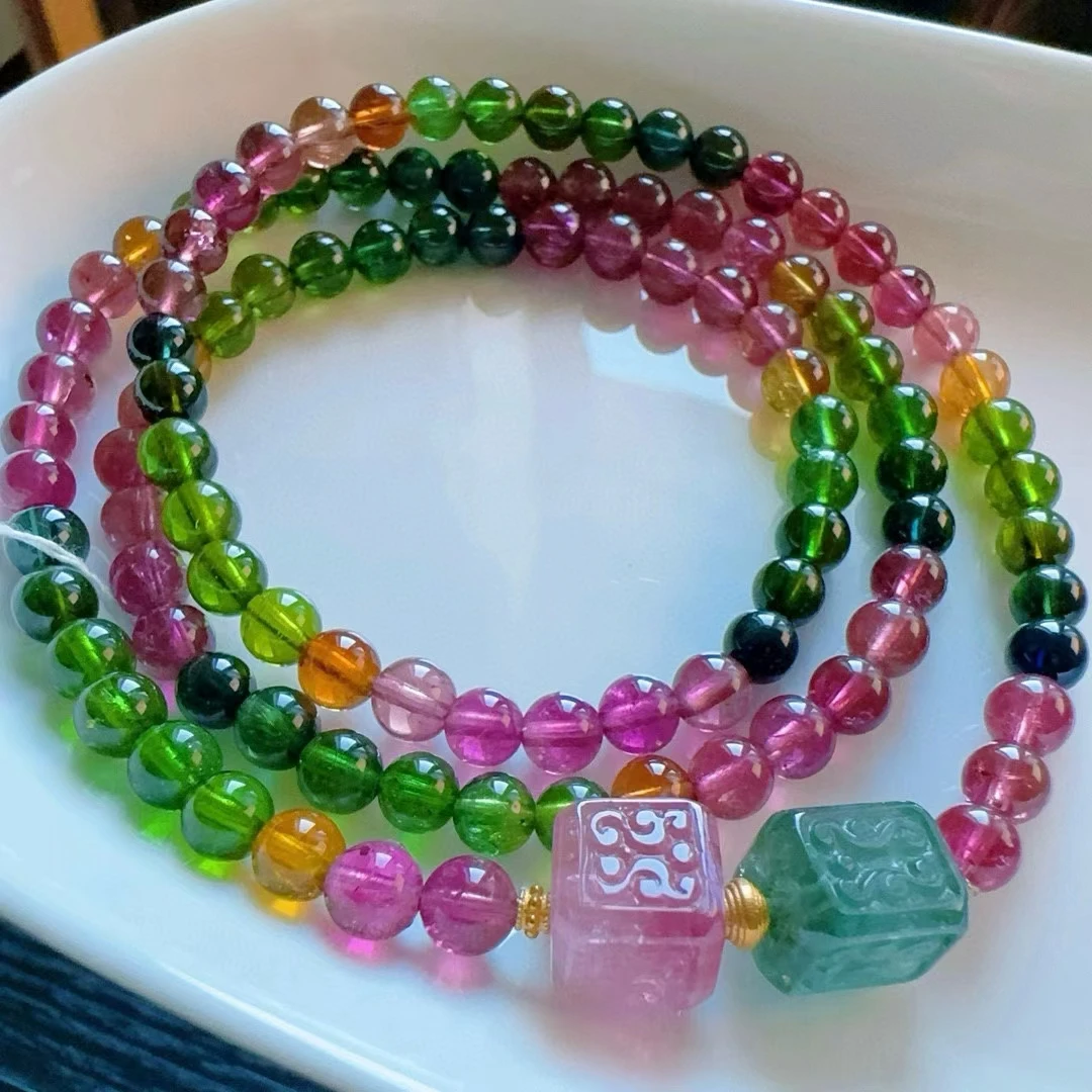 

Natural Colorful Tourmaline Clear Round Beads Bracelet Pendant 5.3mm 3 Laps Green Blue Tourmaline Women Men Jewelry AAAAAAA