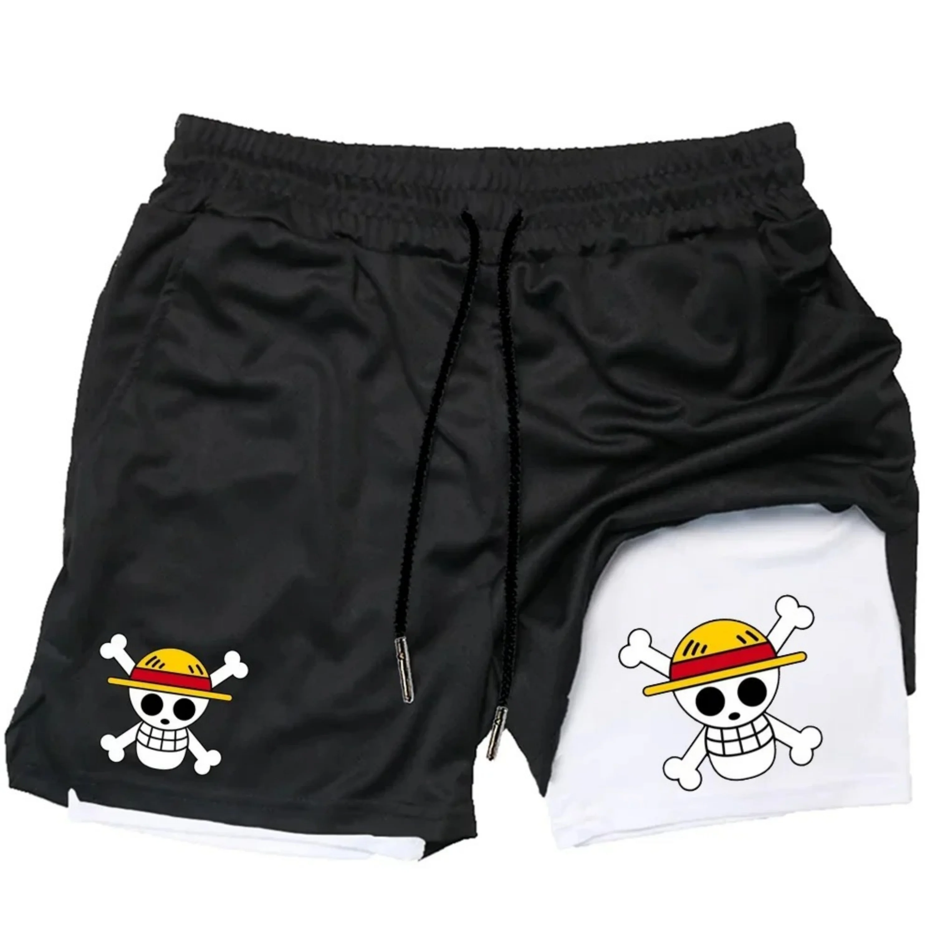 Pantalones cortos de compresin de Anime de una pieza para hombre, pantalones cortos de verano 2 en 1 de doble capa, pantalones