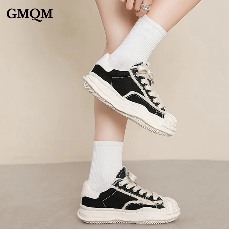 GMQM Brand Fashion Women‘s Genuine Leather Sneakers Round Toe Flats Sport Vulcanized Shoes Skateboard Shoes Walking Sneakers