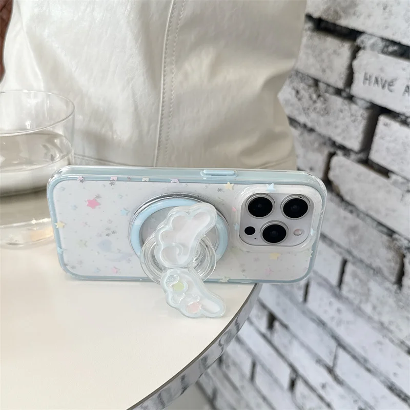 Korean Glitter Color Star Magnetic Phone Case For iPhone 16 Pro 14 15 Pro Max Cover with Cute Wing Stand Holder Shockproof Cases