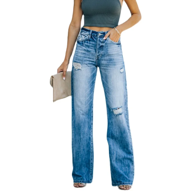 

Blue High Waist Straight Leg Jeans Women's Commuter OL Jeans Worn Washed Hole Long Pants Slimming Wide Leg Denim