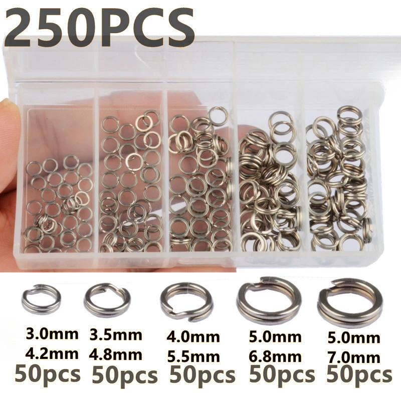 250Pcs 5 Sizes High Strength Large Tensile Force Fishing Loop Fishing Stainless Steel Split Rings Fishing Lure Connector