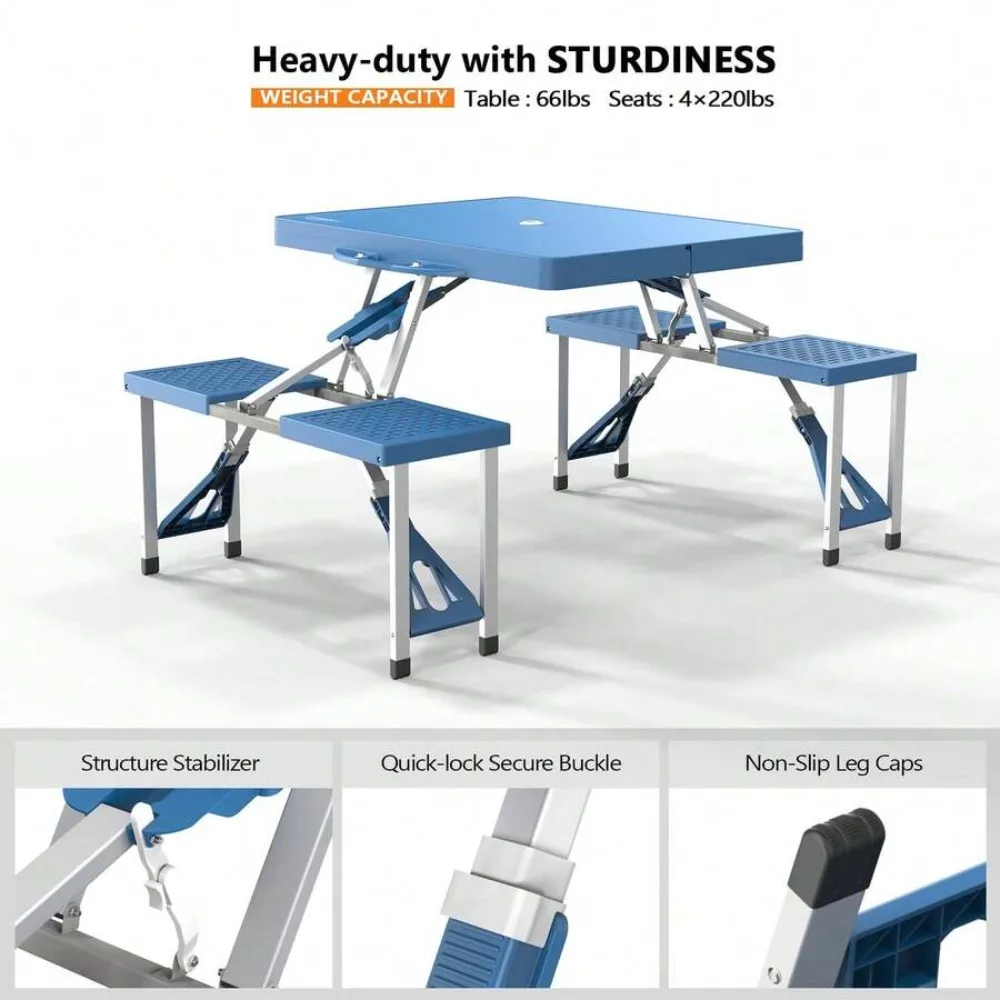 4 Ft Folding Camping Picnic Table Set with 4 Seats, Umbrella Hole, Aluminum Frame, 220 Lbs Capacity, Portable Suitcase Design, Plastic Tabletop for BBQ, Travel, Outdoor Gathering - view 6