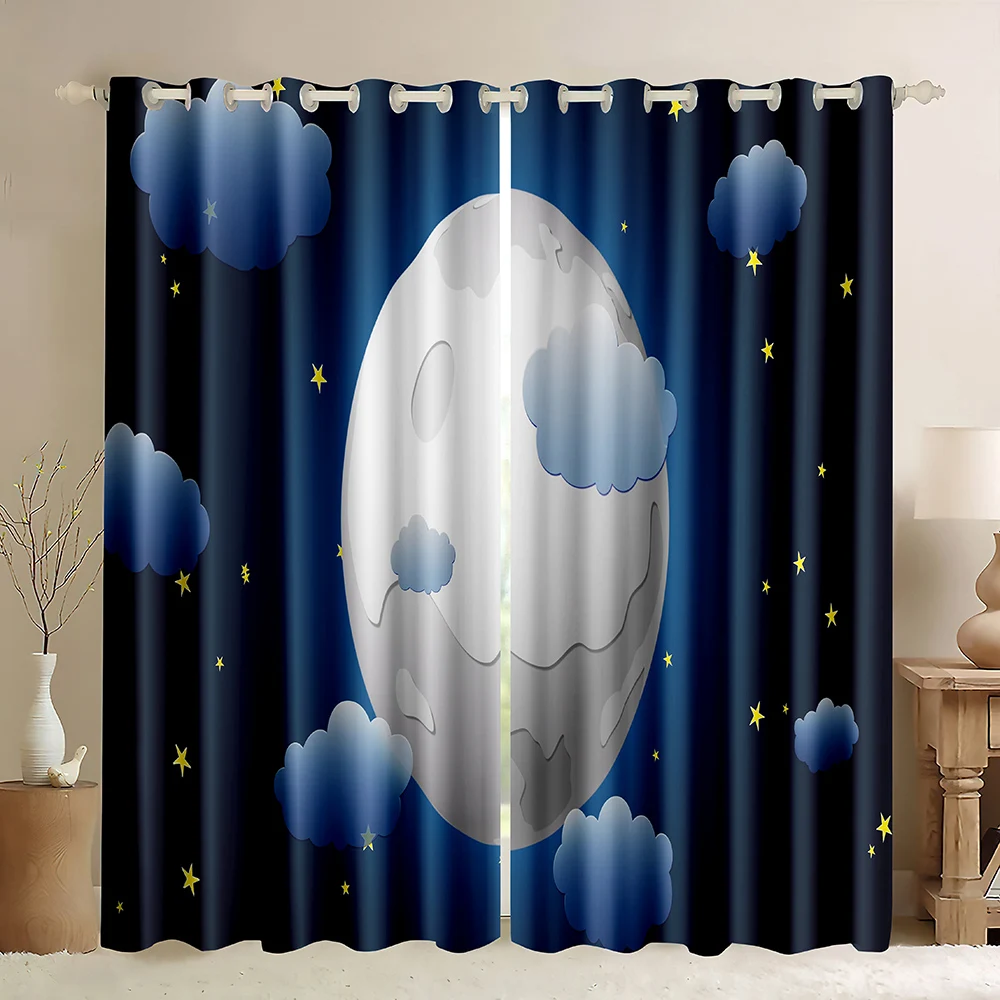 2pcs Custom Cartoon Thin Curtains, 3D Stars Moon Clouds Print Window Curtains for Boy Children's Bedroom Living Room 2023 New