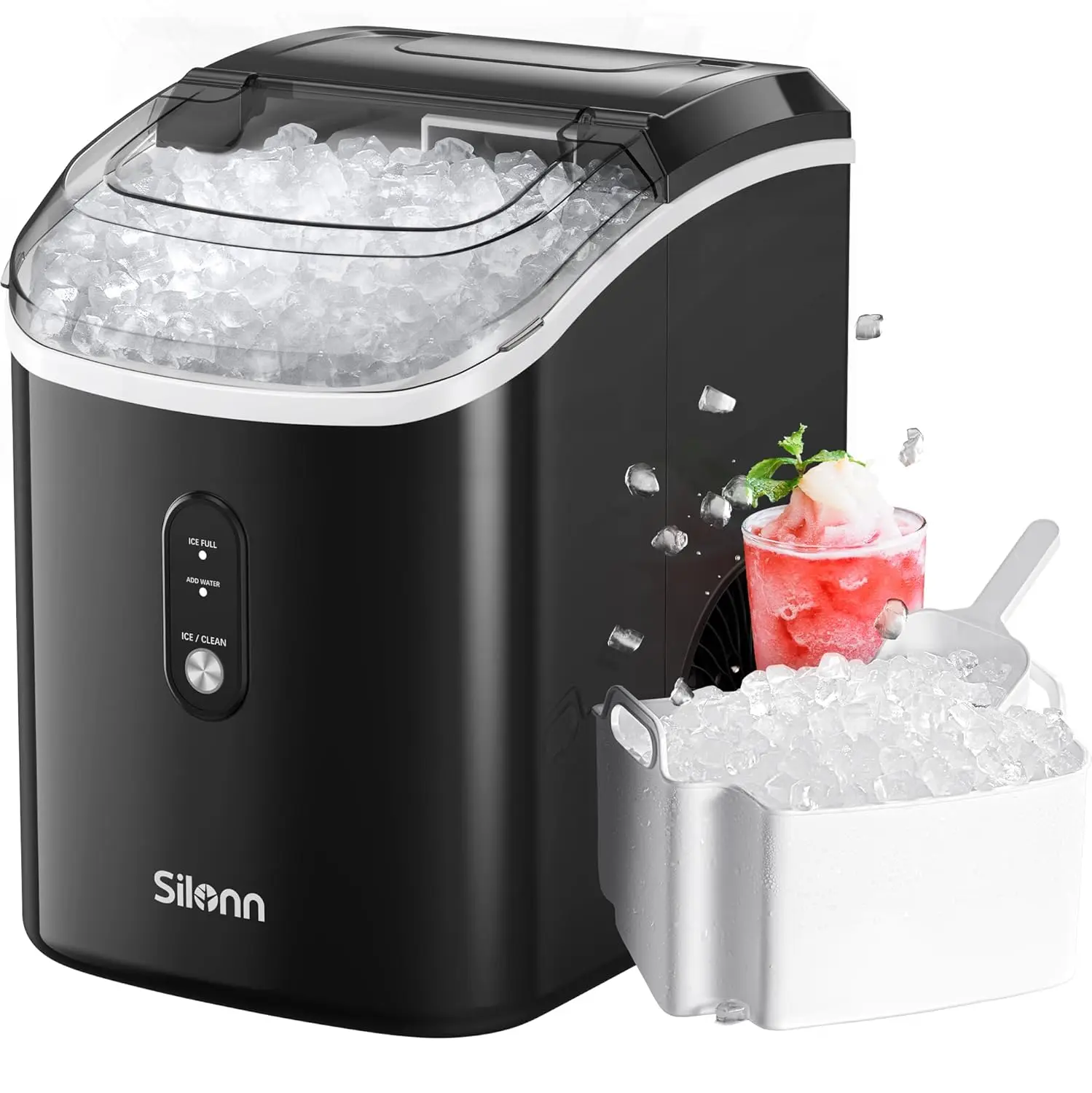 Nugget Ice Maker Countertop, Silonn Chewable Pellet Ice Machine with Self-Cleaning Function, 33lbs/24H, Portable Ice Makers for