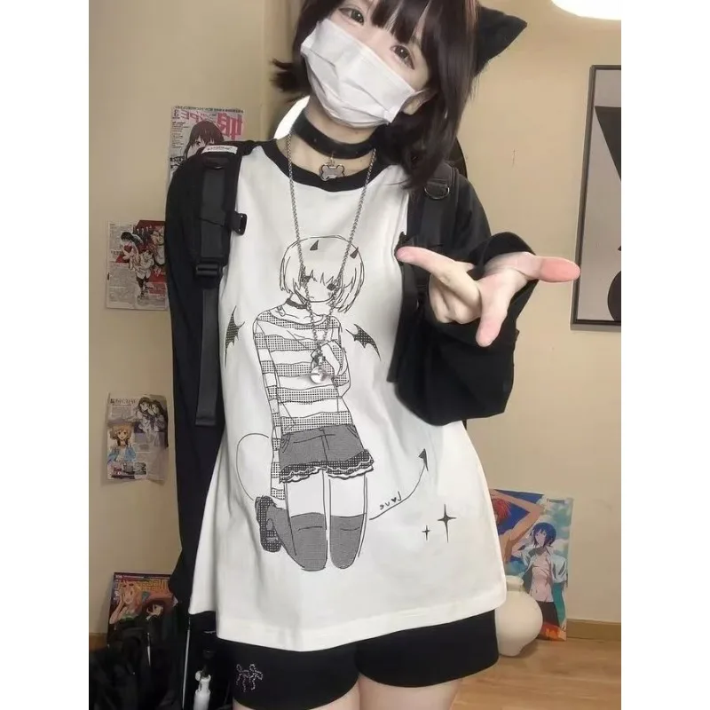 

Harajuku Subculture Anime Printed T-shirt Japanese Kawai Patchwork Long-sleeved Tshirts Casual All-match Tees Women Preppy Tops