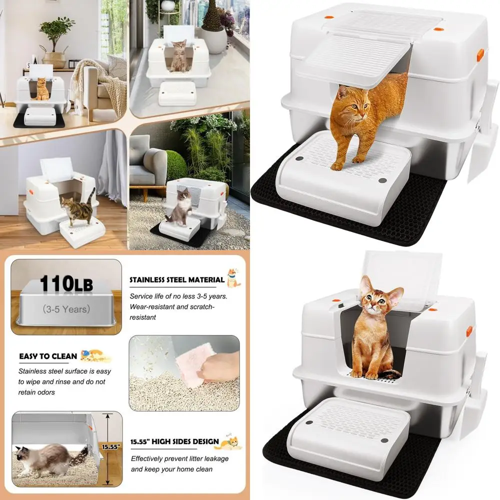 

Очень большой лоток для кошек с боковым входом и крышкой, высококачественный металлический закрытый лоток с высокими бортиками, съемный, с совком, ковриком и подставкой для лап - Бежевый