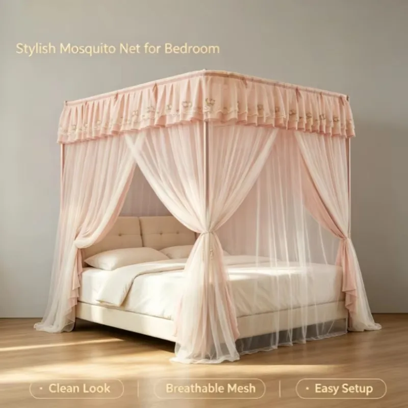 Princess Style Bed Canopy with, Double Layer Mosquito Net & Blackout Curtain for 1.5m/1.8m Beds