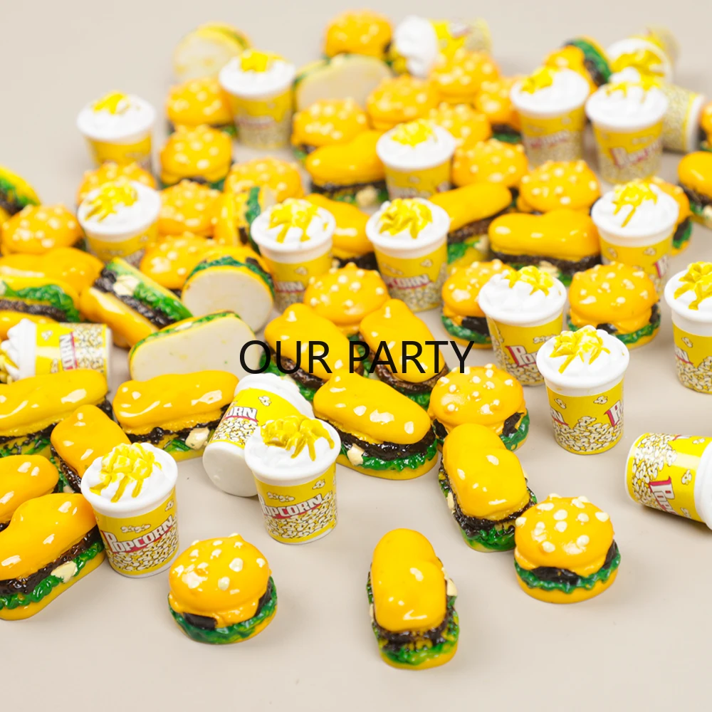 20Pcs 3D Hamburger Popcorn Resin Flatback Cabochon Figurine Scrapbooking DIY Jewelry Dollhouse Craft Decoration Accessories