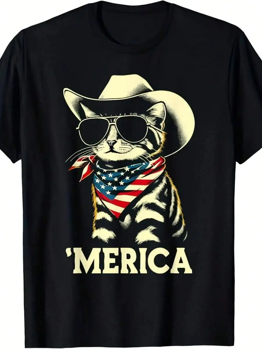 USA 'Merica Cat 4Th July Funny Patriotic T-Shirt Men And Women.Same Design Available For Both Genders, 2025 Summer Short-Sleeve  100% Cotton Trendy Y2K Short-Sleeve Tee-Soft, Quick-Drying, Moisture-Wicking, Great Gift for Christmas or Halloween.