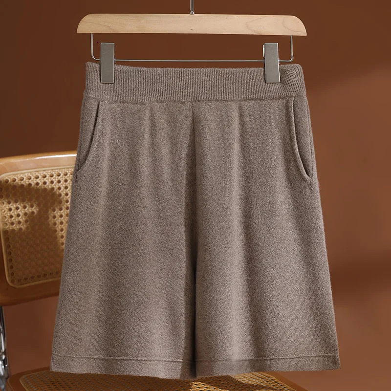 

MEELEX Knitted Autumn Winter Women Wool Shorts Elastic Waist Casual Straight Shorts Woman 100% Merino Wool Shorts with Pockets