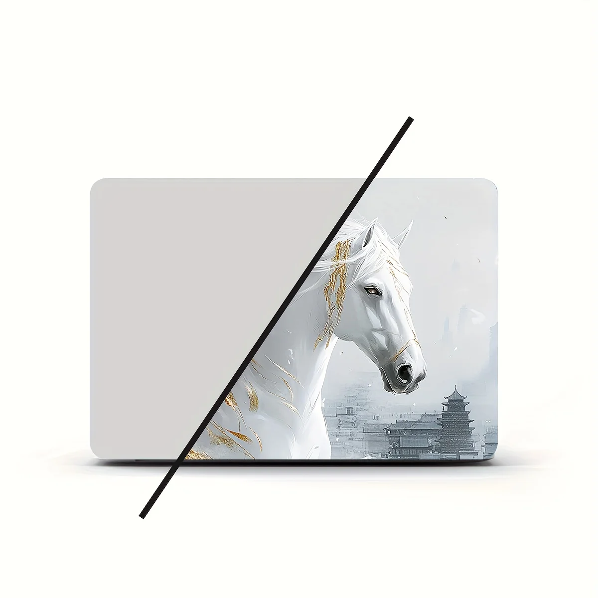 2-piece elegant white horse vinyl laptop skin, scratch resistant PVC sticker, with gold decoration,