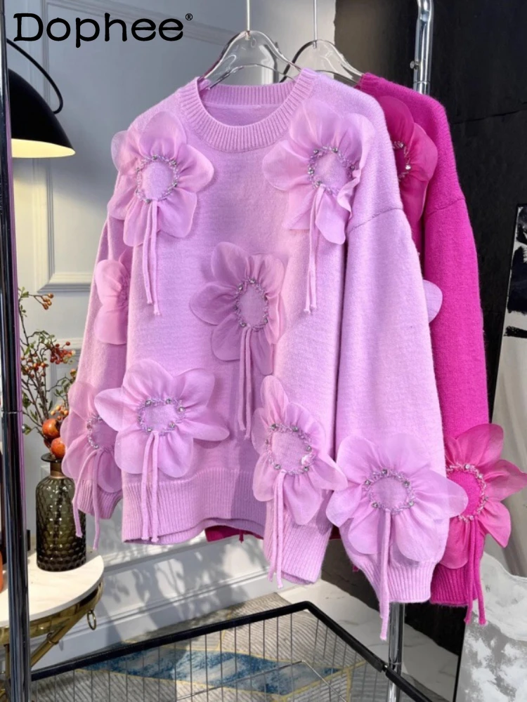 

3D Flower Heavy Industry Beads Pink Sweater Women's 2023 Autumn and Winter Candy Color Round Neck Long Sleeve Pullover Sweater