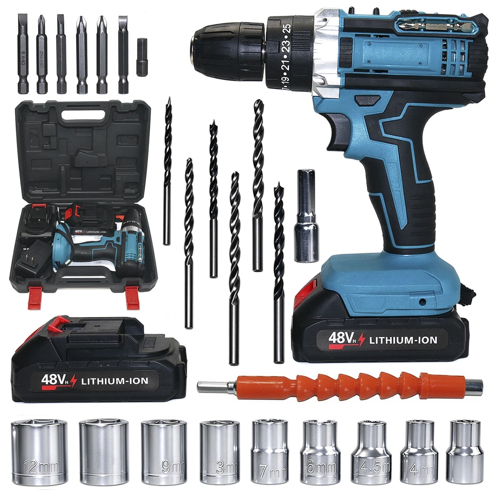 Brushless Cordless Electric Drill Screwdriver Impact Power Tool for Home DIY Professional Construction Includes 2PCS batteries