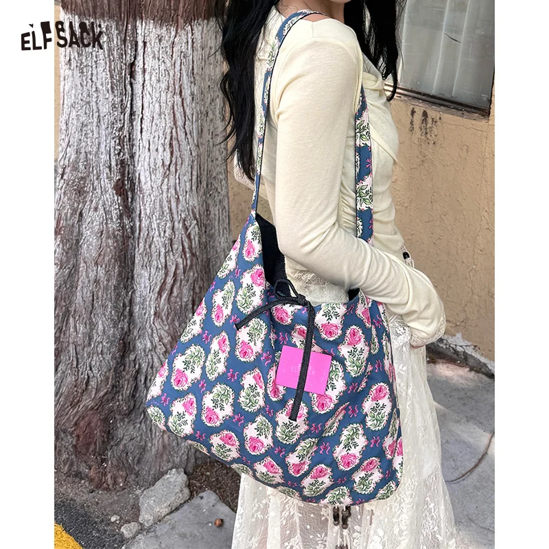 

ELFSACK 2025 Autumn New Arrival Bohemian Print Multi-Color Tote Bag Cotton Shoulder Bag Ethnic Pattern For Woman
