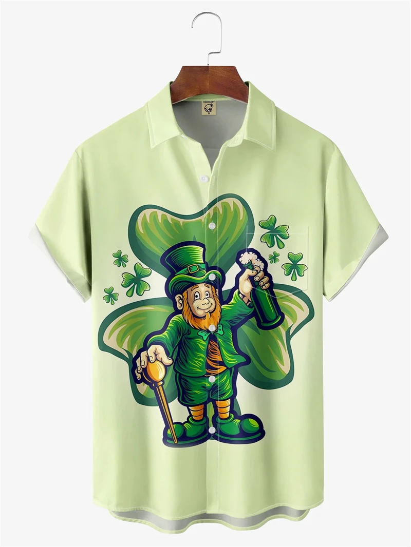 

St Patricks Day Shirt For Men Green Hat Graphic 3D Full Print Button Down Beach Shirts Mens Short Sleeve Casual Shirts Clothes