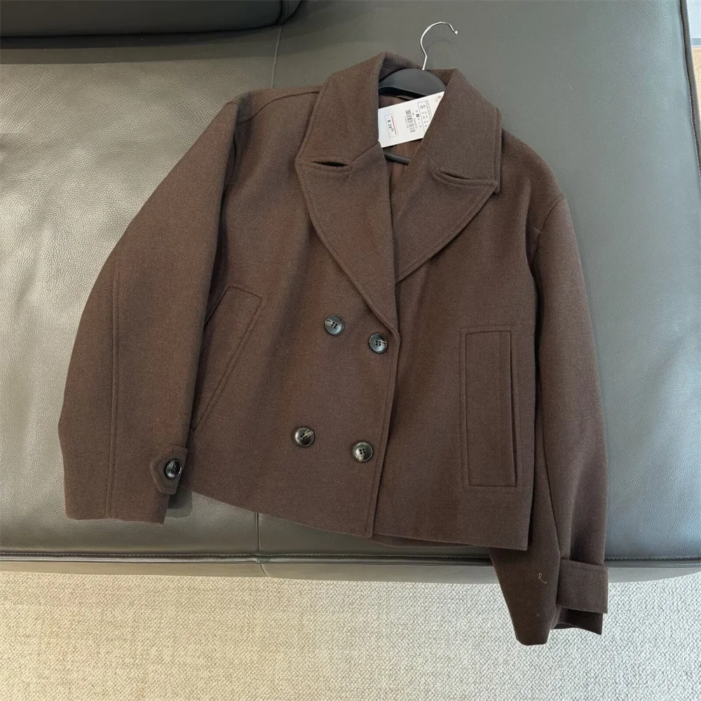 European and American style women's new button up lapel long sleeved double breasted short coat jacket