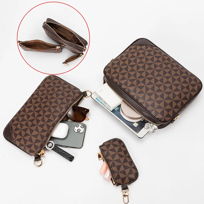 

Fashion three piece men's printed shoulder bag versatile retro 2025 spring/summer new trendy crossbody mailman small square bag