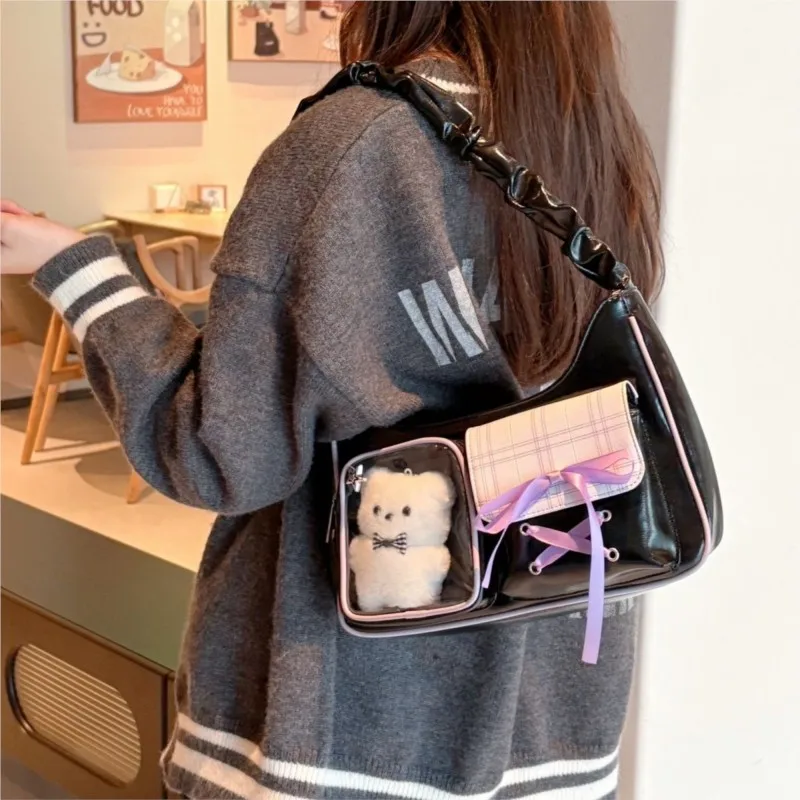

Japanese Sweet Lovely Lace Up Bow Tote Bag Women Badge Doll Display Ita Bag Ladies Harajuku Y2K Contrast Color Shoulder Bag Chic