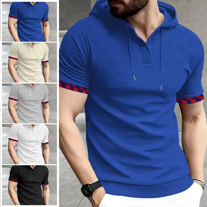 Men's Waffle Knit Hooded Polo T‑Shirt Short Sleeve Drawstring Hood Plaid Contrast Cuff Casual Tops