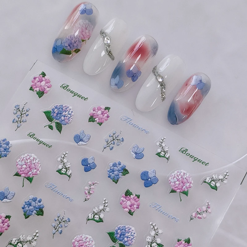 Hortensie Maiglöckchen Nagel aufkleber hochwertige 5d geprägte selbst klebende Nagel aufkleber bunte Blumenstrauß Nagel aufkleber