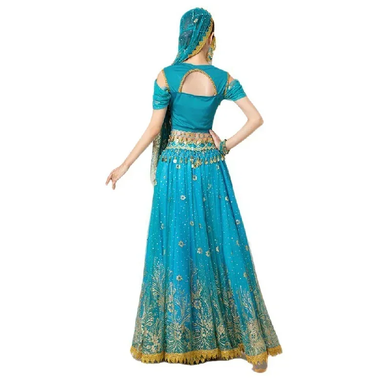 

Adult Toddler Princess Festival Belly Dance Top Dress Set Indian Sari Jasmine Halloween Cosplay Costume Bollywood Rave Outfit