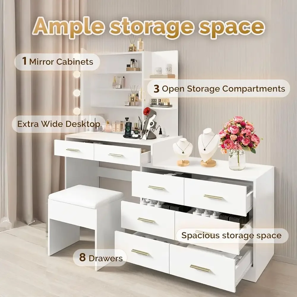 59 White Vanity Desk with Mirror, Lights, and 8 Drawers, Large Makeup Vanity Set with Charging Station, Stool, and 3 Color Optio