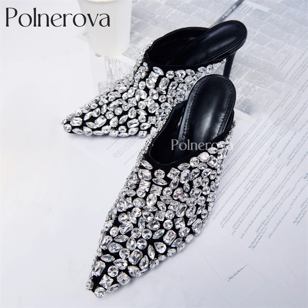 

Black Rhinestone Stiletto Mules Luxurious Crystal Pointed Toe Slippers Bling Bling High Heels Custom Handmade Women Slippers New