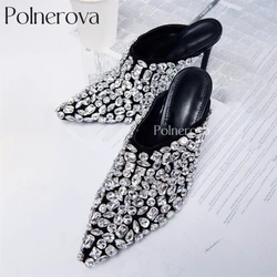 Black Rhinestone Stiletto Mules Luxurious Crystal Pointed Toe Slippers Bling Bling High Heels Custom Handmade Women Slippers New