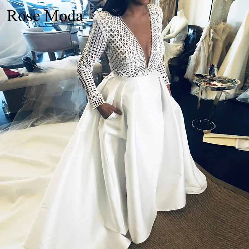 

Rose Moda Deep V Neck Pearl Beaded Long Lace Sleeves High Slit Wedding Dresses with Pockets Custom Make