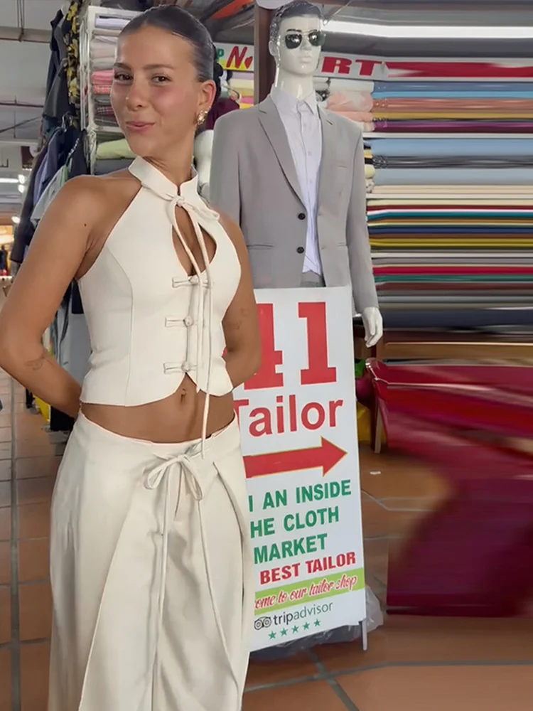 Damen-Hosenanzug, 2-teilig, ärmellos, mit Aussparungen, Schleifenknöpfen, rückenfreies, kurzes Oberteil, Schnürung, plissierte Hose, glamouröses Damen-Outfit – Detail 13