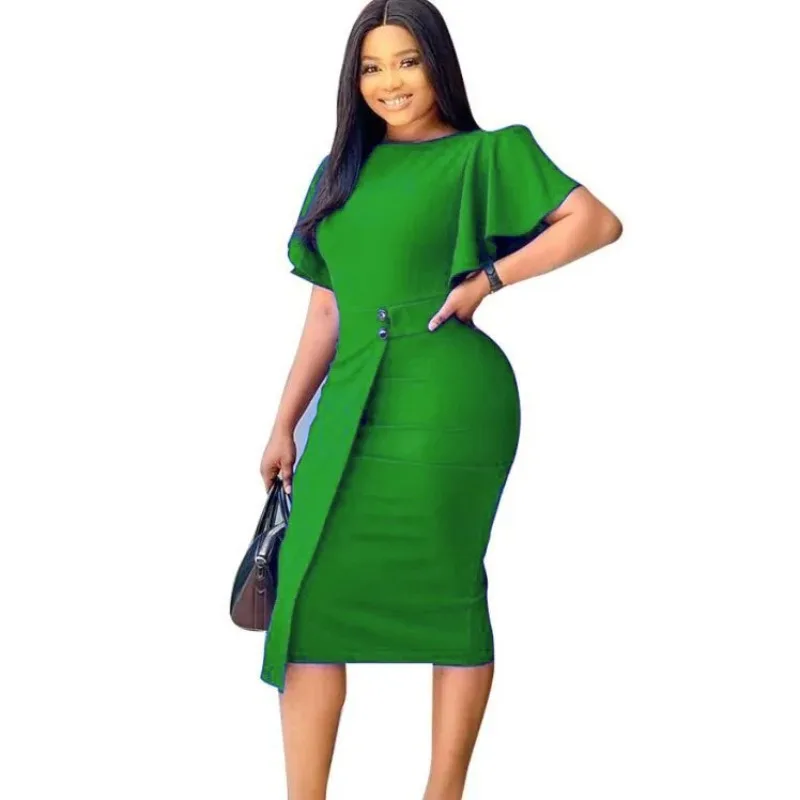 2024 African Bodycon Dresses for Women Summer Fashion Butterfly Sleeve High Waist Solid Color Midi Dress Dashiki Africa Clothing