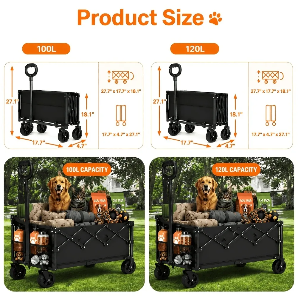 100L 120L Heavy Duty Foldable Pet Stroller for Cats Dogs High Strength Load Bearing All Terrain Wagon with Cup Holder for Beach Camping Shopping Black